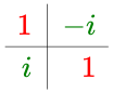 {\displaystyle {\begin{array}{r|r}{\color {red}1}&{\color {green}-i}\\\hline {\color {green}i}&{\color {red}1}\end{array}}}