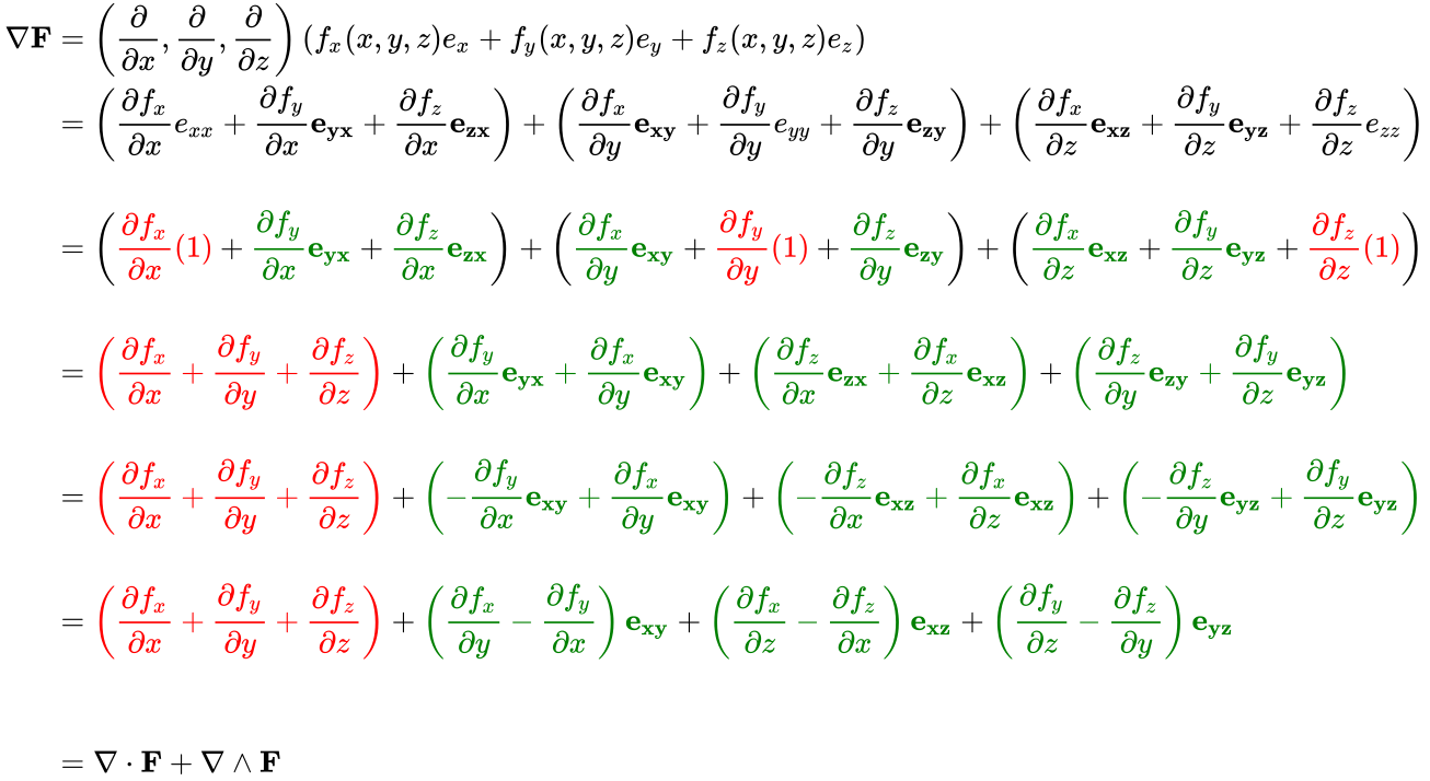{\displaystyle {\begin{aligned}\nabla \mathbf {F} &=\left({\frac {\partial }{\partial x}},{\frac {\partial }{\partial y}},{\frac {\partial }{\partial z}}\right)\left(f_{x}(x,y,z)e_{x}+f_{y}(x,y,z)e_{y}+f_{z}(x,y,z)e_{z}\right)\\&=\left({\frac {\partial f_{x}}{\partial x}}e_{xx}+{\frac {\partial f_{y}}{\partial x}}\mathbf {e_{yx}} +{\frac {\partial f_{z}}{\partial x}}\mathbf {e_{zx}} \right)+\left({\frac {\partial f_{x}}{\partial y}}\mathbf {e_{xy}} +{\frac {\partial f_{y}}{\partial y}}e_{yy}+{\frac {\partial f_{z}}{\partial y}}\mathbf {e_{zy}} \right)+\left({\frac {\partial f_{x}}{\partial z}}\mathbf {e_{xz}} +{\frac {\partial f_{y}}{\partial z}}\mathbf {e_{yz}} +{\frac {\partial f_{z}}{\partial z}}e_{zz}\right)\\\\&=\left({\color {red}{\frac {\partial f_{x}}{\partial x}}(1)}+{\color {green}{\frac {\partial f_{y}}{\partial x}}\mathbf {e_{yx}} }+{\color {green}{\frac {\partial f_{z}}{\partial x}}\mathbf {e_{zx}} }\right)+\left({\color {green}{\frac {\partial f_{x}}{\partial y}}\mathbf {e_{xy}} }+{\color {red}{\frac {\partial f_{y}}{\partial y}}(1)}+{\color {green}{\frac {\partial f_{z}}{\partial y}}\mathbf {e_{zy}} }\right)+\left({\color {green}{\frac {\partial f_{x}}{\partial z}}\mathbf {e_{xz}} }+{\color {green}{\frac {\partial f_{y}}{\partial z}}\mathbf {e_{yz}} }+{\color {red}{\frac {\partial f_{z}}{\partial z}}(1)}\right)\\\\&={\color {red}\left({\frac {\partial f_{x}}{\partial x}}+{\frac {\partial f_{y}}{\partial y}}+{\frac {\partial f_{z}}{\partial z}}\right)}+{\color {green}\left({\frac {\partial f_{y}}{\partial x}}\mathbf {e_{yx}} +{\frac {\partial f_{x}}{\partial y}}\mathbf {e_{xy}} \right)}+{\color {green}\left({\frac {\partial f_{z}}{\partial x}}\mathbf {e_{zx}} +{\frac {\partial f_{x}}{\partial z}}\mathbf {e_{xz}} \right)}+{\color {green}\left({\frac {\partial f_{z}}{\partial y}}\mathbf {e_{zy}} +{\frac {\partial f_{y}}{\partial z}}\mathbf {e_{yz}} \right)}\\\\&={\color {red}\left({\frac {\partial f_{x}}{\partial x}}+{\frac {\partial f_{y}}{\partial y}}+{\frac {\partial f_{z}}{\partial z}}\right)}+{\color {green}\left(-{\frac {\partial f_{y}}{\partial x}}\mathbf {e_{xy}} +{\frac {\partial f_{x}}{\partial y}}\mathbf {e_{xy}} \right)}+{\color {green}\left(-{\frac {\partial f_{z}}{\partial x}}\mathbf {e_{xz}} +{\frac {\partial f_{x}}{\partial z}}\mathbf {e_{xz}} \right)}+{\color {green}\left(-{\frac {\partial f_{z}}{\partial y}}\mathbf {e_{yz}} +{\frac {\partial f_{y}}{\partial z}}\mathbf {e_{yz}} \right)}\\\\&={\color {red}\left({\frac {\partial f_{x}}{\partial x}}+{\frac {\partial f_{y}}{\partial y}}+{\frac {\partial f_{z}}{\partial z}}\right)}+{\color {green}\left({\frac {\partial f_{x}}{\partial y}}-{\frac {\partial f_{y}}{\partial x}}\right)\mathbf {e_{xy}} }+{\color {green}\left({\frac {\partial f_{x}}{\partial z}}-{\frac {\partial f_{z}}{\partial x}}\right)\mathbf {e_{xz}} }+{\color {green}\left({\frac {\partial f_{y}}{\partial z}}-{\frac {\partial f_{z}}{\partial y}}\right)\mathbf {e_{yz}} }\\\\\\&=\nabla \cdot \mathbf {F} +\nabla \wedge \mathbf {F} \end{aligned}}}